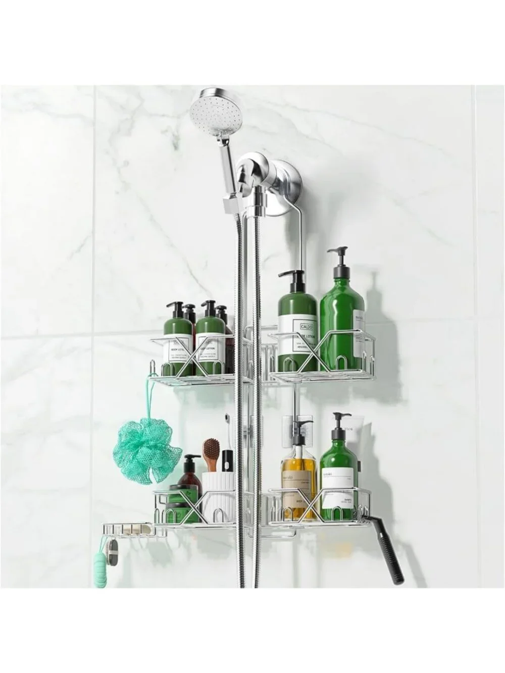 Rustproof Stainless Steel Shower Caddy Organizer with Adjustable Hooks & Holders